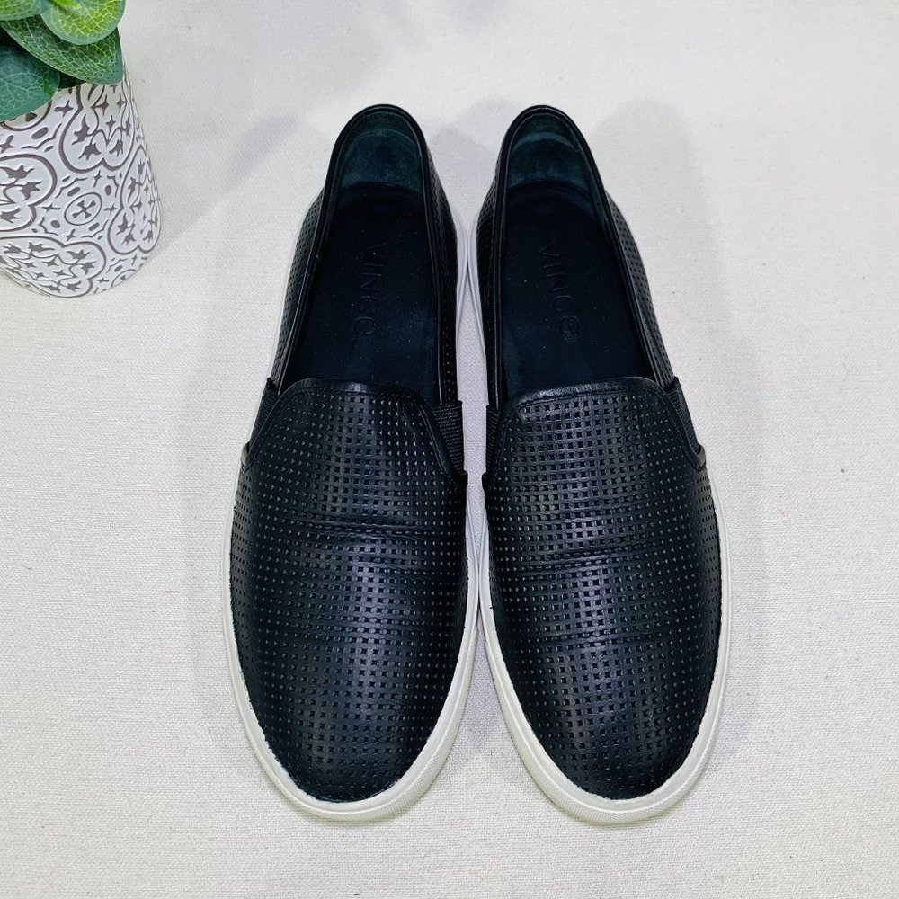 Vince size 6.5 black perforated leather slip on sneakers for women